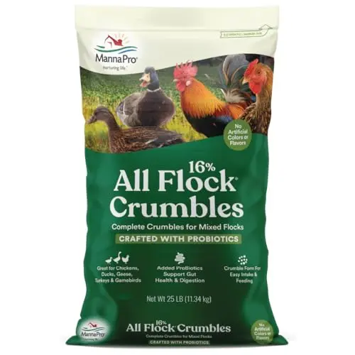 25lb bag of Manna Pro All Flock Crumbles, a complete feed for chickens, ducks, geese, and turkeys.