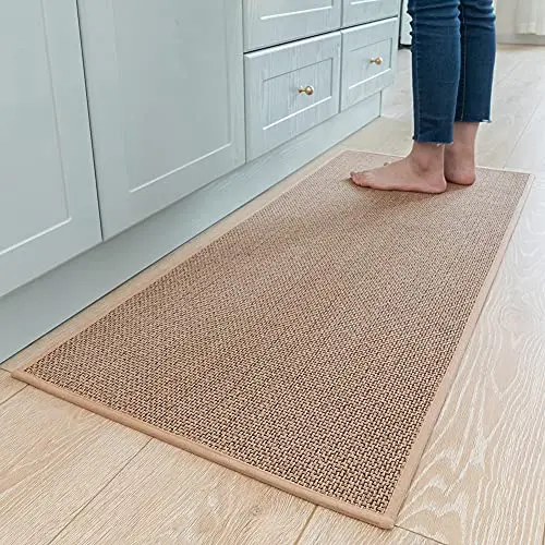 Beige low-pile non-slip kitchen runner rug for sink area