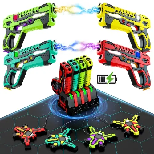 VATOS rechargeable laser tag set with four guns, vests, and a central charging station