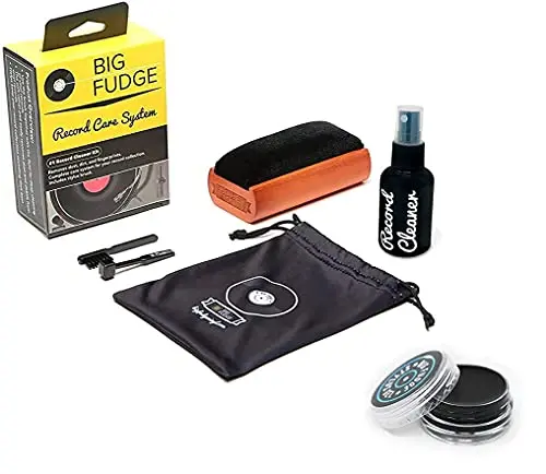 Big Fudge 5-in-1 vinyl record cleaning kit with velvet brush, cleaning liquid, stylus brush, and travel pouch