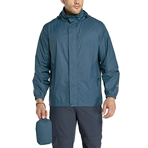 33,000FT Men's Packable Rain Jacket in a dark color, showcasing a technical shell with adjustable hood and cuffs.