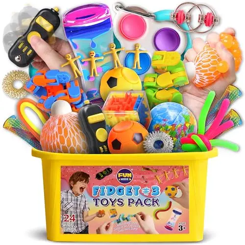 FunKidz fidget toy gift box with a variety of small sensory toys inside a plastic storage case