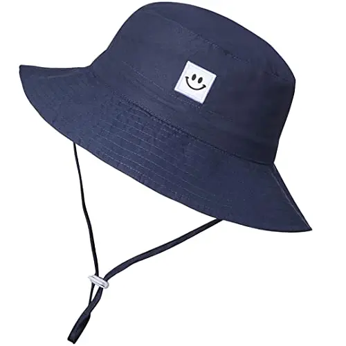 Toddler navy blue sun hat with smiley face pattern on the brim