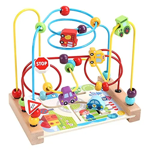 Classic wooden bead maze toy with brightly colored beads on wire tracks