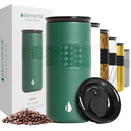 Elemental Artisan 16 oz tumbler in forest green with ceramic lid, ideal for hot and cold drinks