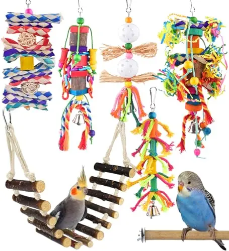 KATUMO 7 piece bird toy set with ladder, swings, and chew toys