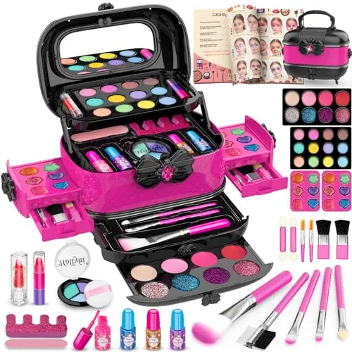 Hollyhi 58-piece Kids Makeup Kit with mirror and tutorial booklet