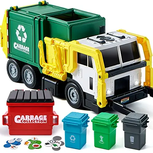 Large yellow garbage truck toy with dumpster and trash bins