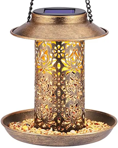 SWEETFULL bronze solar-powered metal bird feeder and garden lantern.