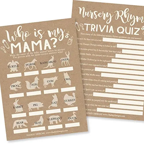 Hadley Designs kraft-themed baby shower game with nursery rhyme trivia and animal matching
