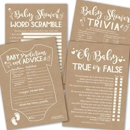 Hadley Designs Kraft-themed baby shower game set with four different games