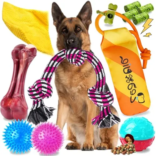 Zeaxuie 12-pack assortment of dog toys including rope, squeaky toys, and a bone