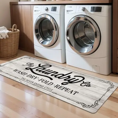 Pauwer beige farmhouse laundry room runner rug in front of washer and dryer
