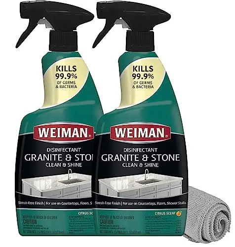 Weiman Disinfectant Granite Cleaner bottles and polishing cloth