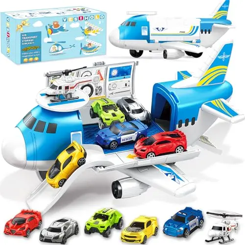 GUDEHOLO large cargo airplane toy with small cars and a helicopter inside