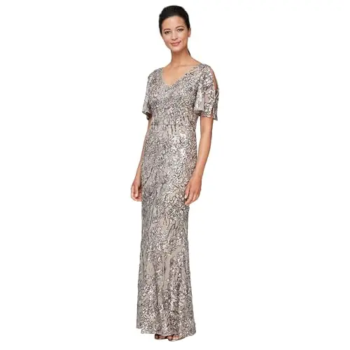 Alex Evenings long stretch sequin dress with cold shoulder flutter sleeves in mink color