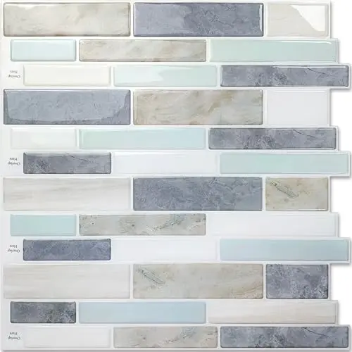 Vamos Tile light blue green peel and stick backsplash tiles on a kitchen wall