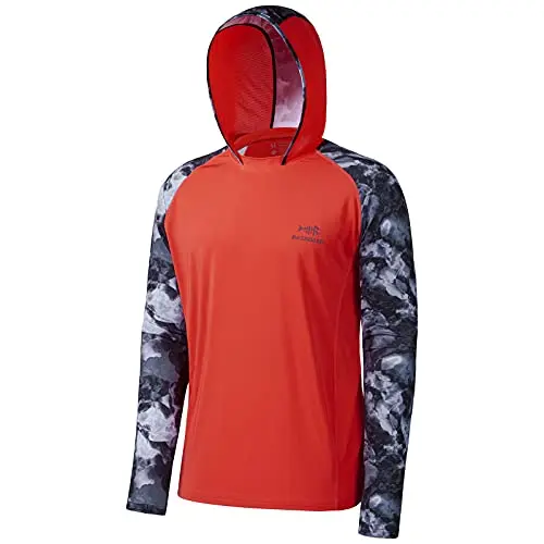 Bassdash men's camo fishing hoodie with UPF 50+ and mesh panels