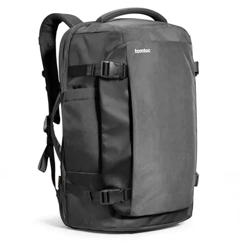 tomtoc 40L green recycled fabric travel backpack with padded straps