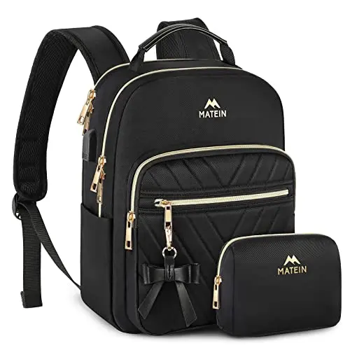 MATEIN Black Mini Backpack Purse with a detachable bow and gold zippers