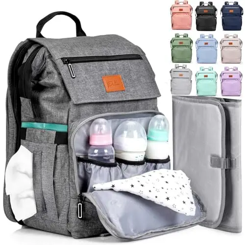 PILLANI grey diaper backpack with a flap pocket and side elastic pockets.