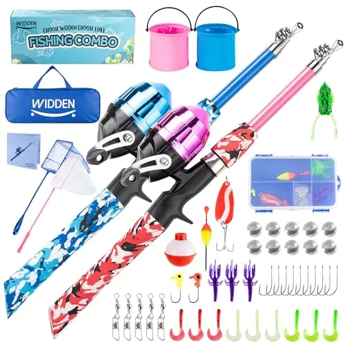 WIDDEN 2 pack kids fishing pole set in blue and pink with accessories