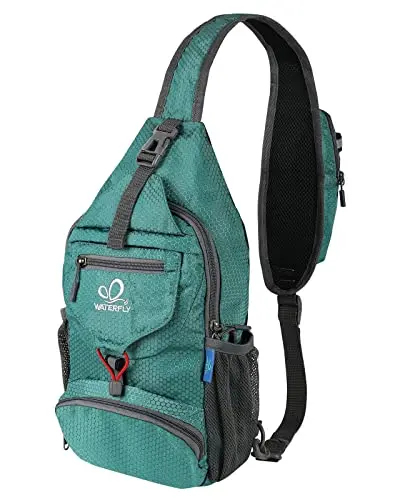 WATERFLY Foldable Sling Backpack being packed into its own small pouch
