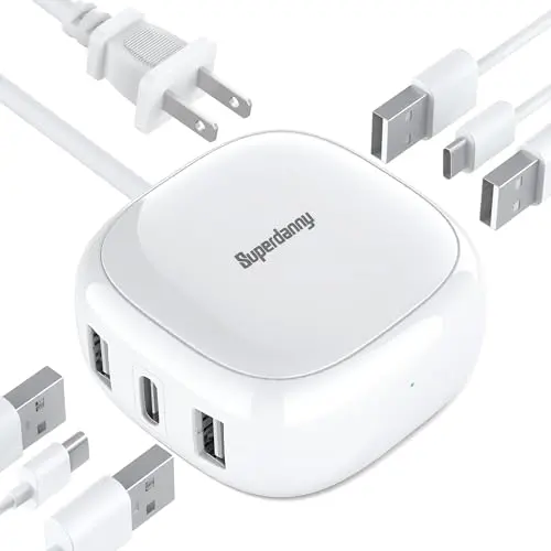 SUPERDANNY white 6-port USB charging station with a 4-foot cable