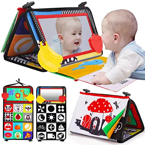 Thremhoo baby toy with a soft mirror and attached black and white crinkle cloth book