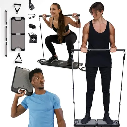 EVO Gym portable home gym system with base, bar, and resistance bands