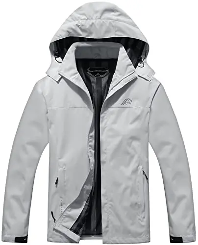 OTU Men's light grey rain jacket with adjustable hood and zippered pockets.