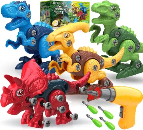 Take Apart Dinosaur Toys for kids with electric drill and four dinosaur figures