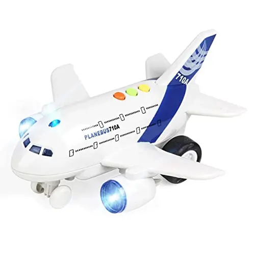 OCCAFY blue toy airplane with flashing lights on the runway