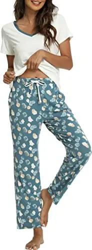GYS women's bamboo viscose pajama set with adorable print, short sleeve top and pants in Ocean Green