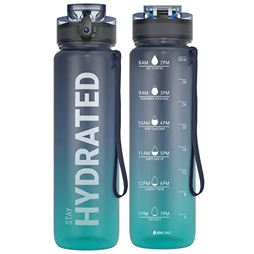 Sahara Sailor 32oz clear plastic water bottle with time marker and cleaning brush