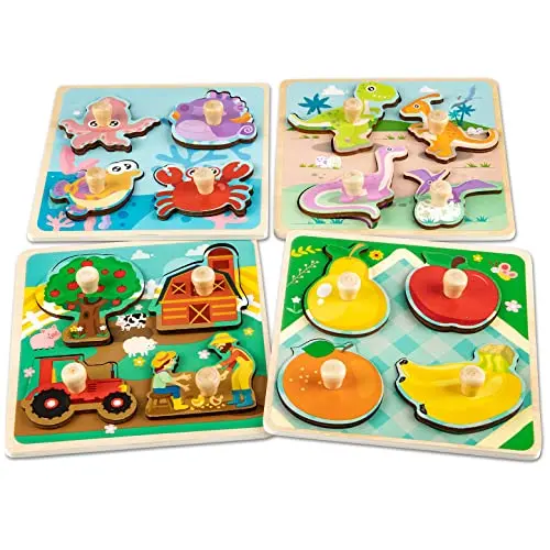 Funsland set of four wooden knob puzzles for toddlers with animal themes