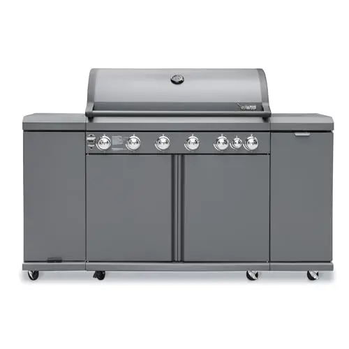 Brand-Man 6-burner outdoor kitchen grill island with storage cabinets and fold-out prep table