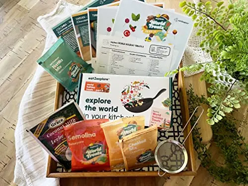 eat2explore International Baking Kit box with recipe cards and ingredients