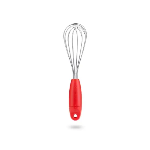 Dreamfarm Mini Flisk whisk in red color, showing its foldable design