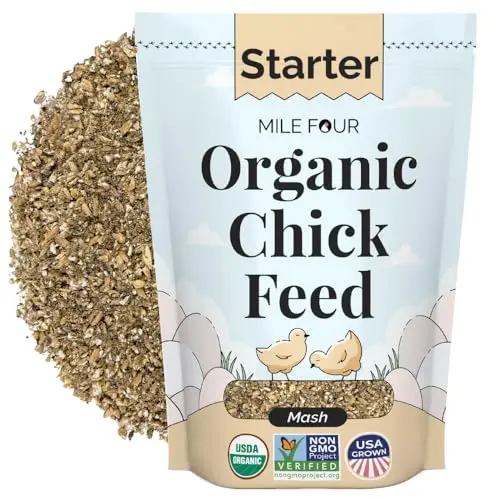 2lb sample bag of Mile Four Organic Chicken Feed Starter Mash, showing a fine powder texture.