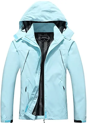 MOERDENG women's lightweight, grey rain jacket with mesh lining and an adjustable hood.