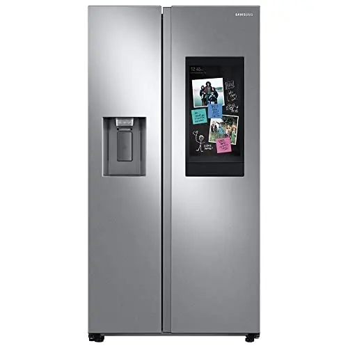 Samsung stainless steel side-by-side refrigerator with large touch screen on the door