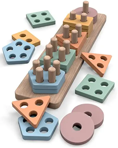 GOPO TOYS Montessori wooden shape sorter and stacking puzzle toy for toddlers