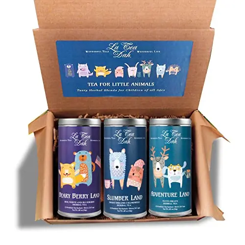 La Tea Dah Little Animals gift basket with three animal-themed tea tins