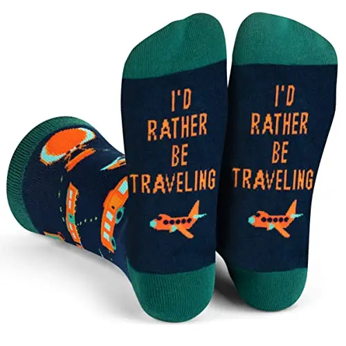 Fun travel-themed socks with airplanes and 'I'd Rather Be Traveling' text