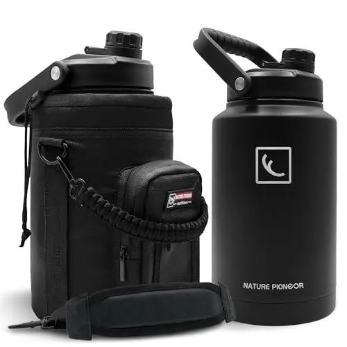 NATURE PIONEOR one gallon insulated stainless steel water bottle with paracord holder in black