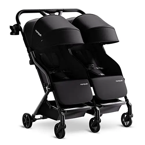 Mompush Lithe black lightweight side-by-side double stroller folded compactly