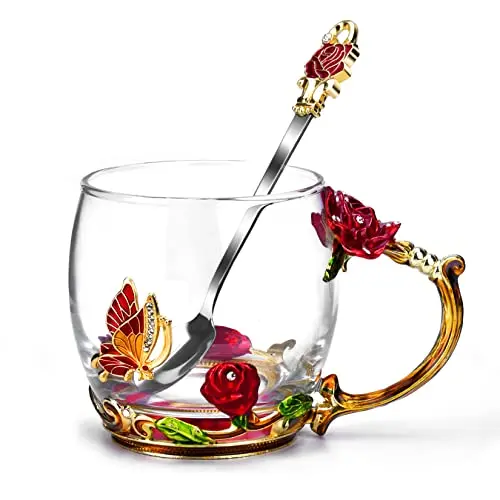 OEAGO red enamel glass mug with 3D butterfly and rose design, accompanied by a matching spoon