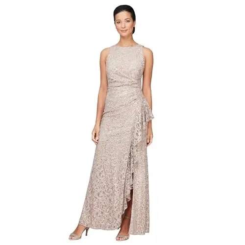 Alex Evenings long sleeveless dress with cascade ruffle and front slit in buff color