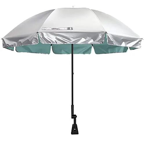Prospo clip-on umbrella providing wide shade on a baby stroller
